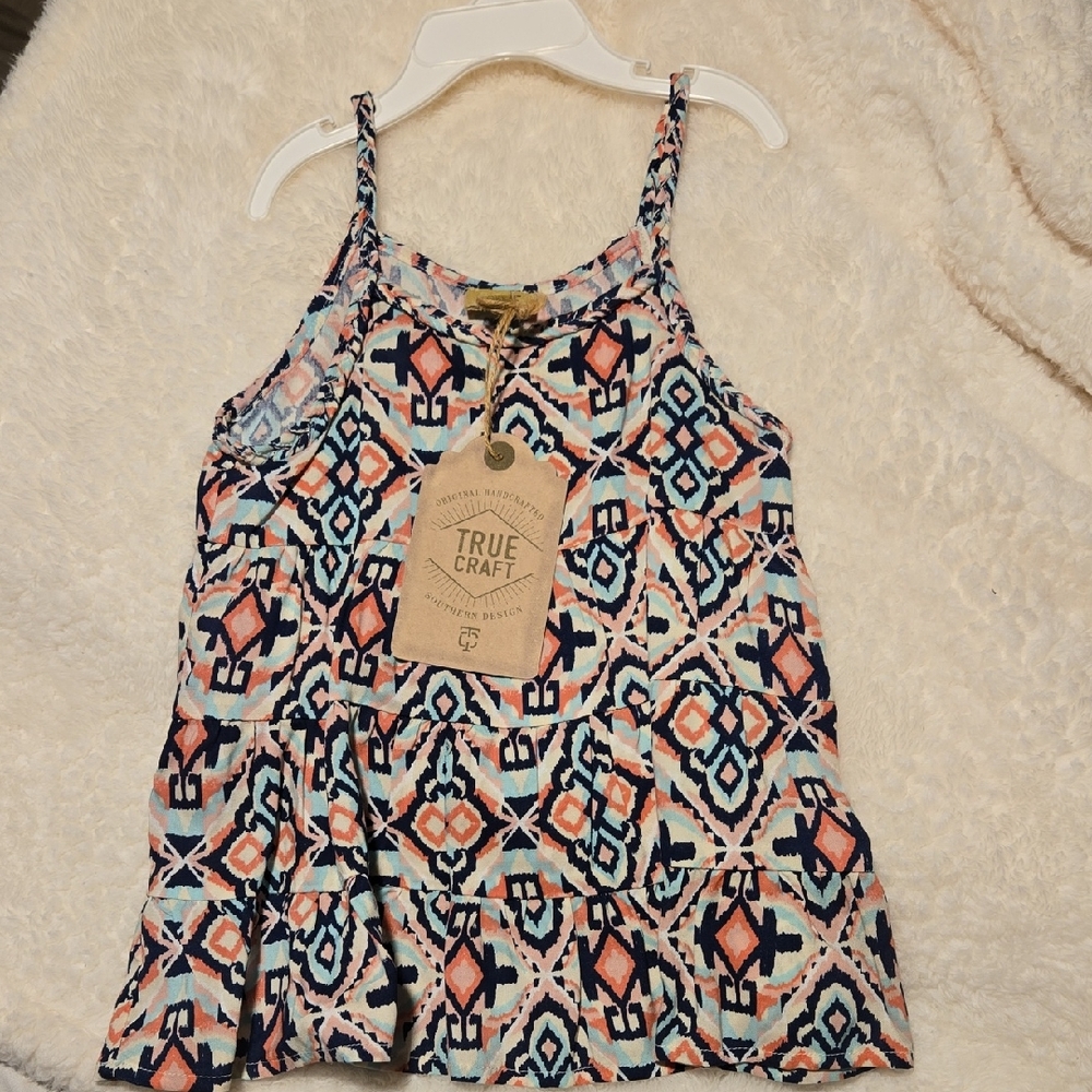 True Craft Vibrant Blue and Coral Patterned Top